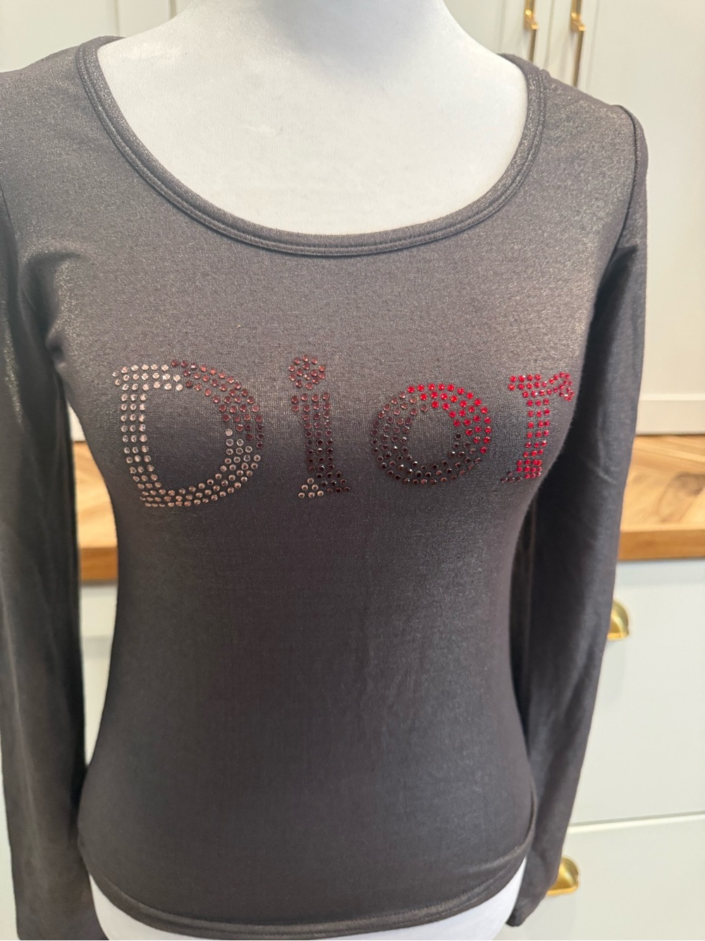 Dior gray long sleeve top size Medium w/ Crystal Logo